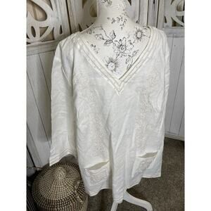 Edward Woman Irish Linen Embroidered Beaded Top Size 3X Clean White